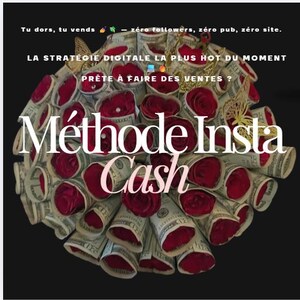 Peut inclure: Un bouquet composé de roses rouges et de billets de vingt dollars roulés, agrémenté de papillons dorés. Le texte indique : Tu dors, tu vends, zéro followers, zéro pub, zéro site. LA STRATÉGIE DIGITALE LA PLUS HOT DU MOMENT PRÊTE À FAIRE DES VENTES ? Méthode Insta Cash.