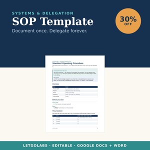 Könnte beinhalten: Eine digitale SOP-Vorlage mit dem Text Systems & Delegation SOP Template, Document once. Delegate forever. und 30% OFF. Das Dokument enthält Abschnitte für Standard Operating Procedure, Overview, Before you start und The procedure.