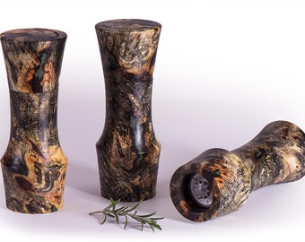 Molinillo de cerámica de molino de sal o pimienta de Portland Peppermill Company de 8" de alto con madera de burl Buckeye, garantía de por vida CrushGrind