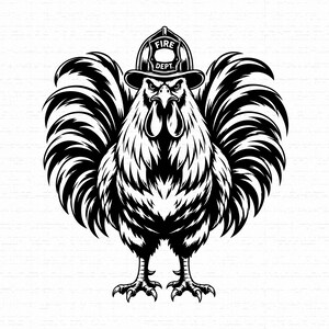 May include: A black and white graphic illustration of a rooster wearing a firefighter helmet with the text FIRE DEPT. on the front. The rooster is depicted in a front-facing stance with its large, detailed tail feathers fanned out behind it.