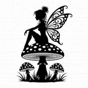 May include: A black silhouette graphic featuring a fairy with intricate wings sitting atop a large spotted mushroom. Two smaller spotted mushrooms are positioned at the base, surrounded by blades of grass, all rendered in a solid black colour.