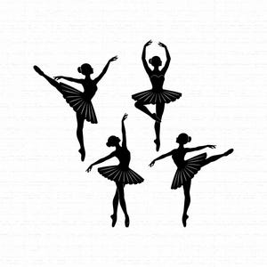 May include: A set of four black silhouettes of ballet dancers in various poses. Each figure wears a tutu and has their hair in a bun. The dancers are depicted in dynamic positions, including extensions and arm movements, against a white background.