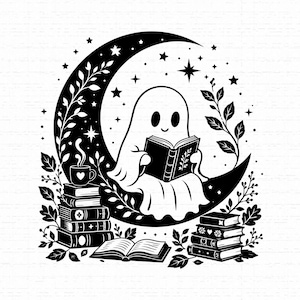 Söt lässpöke SVG, Halloween-bokälskare T-shirtdesign, kuslig bokmal PNG, Celestial Moon Reader vektorklippfil, omedelbar nedladdning