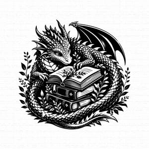May include: A black and white graphic illustration of a dragon with scaled skin and wings coiled around a stack of three books. The dragon is looking down at the open top book, surrounded by decorative leafy vines and foliage in a circular arrangement.