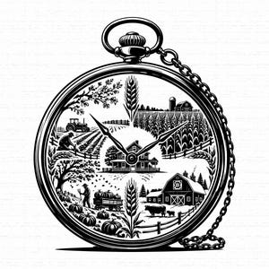 May include: A black and white circular pocket watch illustration featuring a detailed farm scene on the watch face. The design includes a farmhouse, a tractor, fields of crops, pumpkins, a barn, and livestock, all framed by a metal chain and casing.