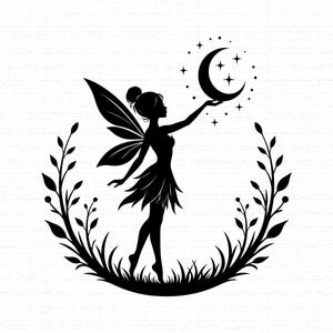 Celestial Fairy SVG, Crescent Moon Pixie Silhouette PNG, Mystical Garden Wreath Cut File for Cricut Sublimation Craft, Instant Download