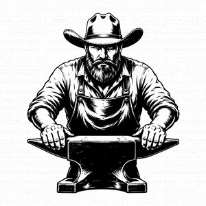 May include: A black and white illustration of a bearded individual wearing a cowboy hat and an apron, positioned behind a heavy metal anvil. The figure has a serious expression and rests both hands on the flat top surface of the anvil.