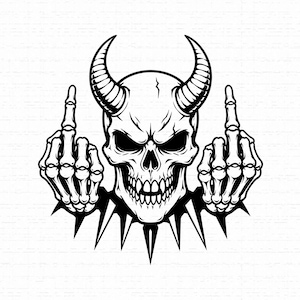 May include: A black and white graphic illustration of a horned skull with a spiked collar. The skull features deep eye sockets and bared teeth, flanked by two skeletal hands, each with the middle finger extended in a gesture of defiance.