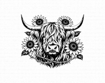 Highland Cow Sunflower SVG, Western Cow Floral PNG, Highland Cow Flower Cricut Cut File, Boho Farmhouse T-Shirt Graphic, Instant Download
