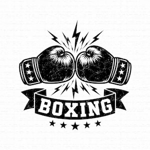 Puede incluir: Una ilustración gráfica en blanco y negro que muestra dos guantes de boxeo enfrentados con rayos en el centro. Debajo de los guantes hay una pancarta con el texto BOXING en letras mayúsculas negritas, acentuado por cinco estrellas.