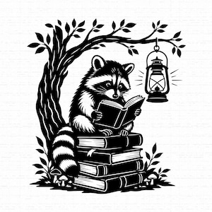 May include: A black and white graphic illustration of a raccoon sitting on a stack of four books whilst reading an open book. The raccoon is positioned under a tree branch from which a lit lantern hangs. Small mushrooms grow at the base.