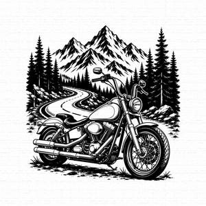 Könnte beinhalten: Eine schwarz-weiße grafische Illustration eines Motorrads, das auf einer Straße geparkt ist. Im Hintergrund führt ein kurvenreicher Weg zu einem Gebirge, das von einem dichten Kiefernwald umgeben ist. Das Motorrad hat einen detaillierten Motor.