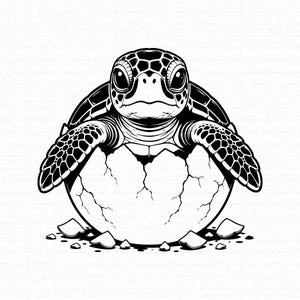 May include: A black and white graphic illustration of a baby sea turtle emerging from a cracked egg. The turtle has large eyes and detailed shell patterns on its head and flippers. The egg is broken into several pieces at the base.