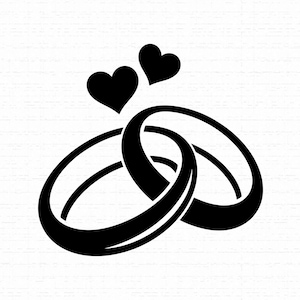 Könnte beinhalten: Eine schwarze grafische Illustration mit zwei ineinandergreifenden Ringen, die nebeneinander angeordnet sind. Über den Ringen befinden sich zwei ausgefüllte schwarze Herzformen. Das Design ist in kräftigem Schwarz auf weißem Grund dargestellt.