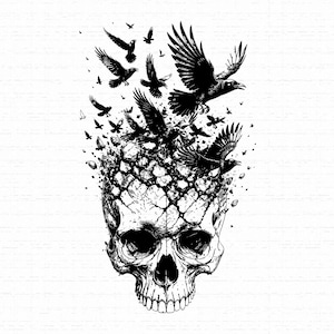 May include: A black and white graphic illustration of a human skull with a cracked cranium. Multiple black birds are emerging from the top of the skull, surrounded by small floating debris and fragments, creating a dynamic and detailed composition.