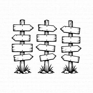 May include: A black and white line art illustration featuring three vertical wooden signposts. Each post supports multiple blank directional signs with pointed ends, all anchored at the base by small clusters of grass and stones.