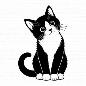 Puede incluir: Una ilustración gráfica en blanco y negro de un gatito sentado en posición frontal. El gatito tiene un cuerpo negro con el pecho blanco, patas blancas y una mancha blanca en la cara. Su cabeza está inclinada hacia un lado con ojos grandes.