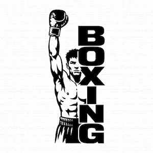 May include: A black and white graphic illustration of a boxer with one arm raised in victory, wearing boxing gloves and shorts. The word BOXING is printed in large, bold, vertical capital letters to the right of the figure on a white background.