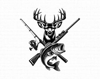 Hunting and Fishing SVG, Deer Buck Bass Fish Cut File, Rifle Fishing Rod PNG, Outdoor Sportsman Cricut T-Shirt Emblem, Instant Download