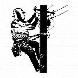 May include: A black and white graphic illustration of a utility worker wearing a hard hat and safety harness, climbing a wooden utility pole. The worker's torso features a double exposure design showing a rural farm landscape with a windmill.