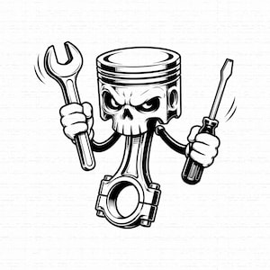 Könnte beinhalten: Eine schwarz-weiße grafische Illustration eines Cartoon-Motor-Kolbens mit Totenkopf-Gesicht. Die Figur hat Arme und Hände, hält einen Metallschlüssel in der einen und einen Schraubendreher in der anderen Hand, im Strichzeichnungsstil.