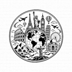 Puede incluir: Una ilustración gráfica circular en blanco y negro que presenta un globo terráqueo central rodeado de monumentos mundiales icónicos, como la Torre Eiffel, la Estatua de la Libertad, el Big Ben, el Coliseo, la Torre de Pisa, el Taj Mahal y pirámides.
