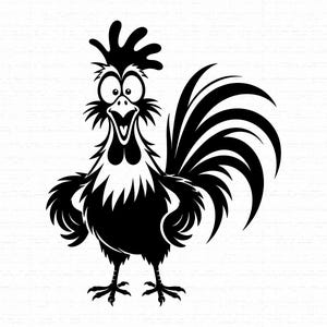 May include: A black and white graphic illustration of a cockerel standing with its wings tucked at its sides. The cockerel has large, wide eyes, an open beak, a prominent comb on its head, and a large, curved tail with detailed feather lines.