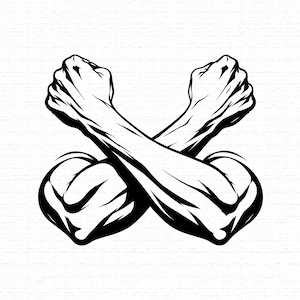 May include: A black and white graphic illustration featuring two muscular arms crossed at the wrists with clenched fists. The design uses bold lines and high-contrast shading to define the musculature of the forearms and biceps in a stylized manner.