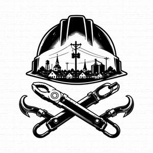 May include: A black and white graphic illustration featuring a hard hat containing a small town silhouette with houses, a water tower, and utility poles. Below the hard hat are two crossed lineman pliers with curved handles and metal jaws.