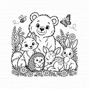 以下が含まれることがあります： クマ、キツネ、ハリネズミ、シカ、ウサギなどの森の動物たちが花畑に集まっている様子を描いた白黒の線画イラストで、上空にはハチとチョウが飛んでいます。