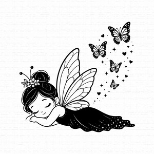 May include: A black and white line art illustration of a fairy with a bun hairstyle and floral accents, wearing a dress with a starry pattern. The fairy is sleeping with large wings, surrounded by four butterflies, small hearts, and star shapes.
