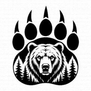 グリズリーベアの足跡SVG、Cricut用野生動物シルエット、荒野の森の風景PNG、アウトドアアドベンチャー商用クリップアート、即時ダウンロード