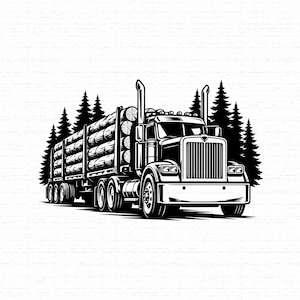 May include: A black and white graphic illustration of an articulated lorry hauling a trailer loaded with stacked logs. The vehicle is positioned in front of a silhouette of pine trees, featuring detailed wheels, exhaust stacks, and a front grille.