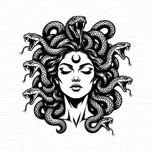 Könnte beinhalten: Eine schwarz-weiße grafische Illustration eines Gesichts mit geschlossenen Augen und einem Mondsichel-Symbol auf der Stirn. Mehrere Schlangen mit geöffneten Mäulern und sichtbaren Giftzähnen ragen aus dem Haar und bilden einen Kreis.