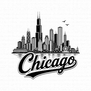 Chicago Skyline SVG, Illinois stadsbild Cricut Cut-fil, Navy Pier pariserhjul silhuett, retro typografi PNG grafik, omedelbar nedladdning