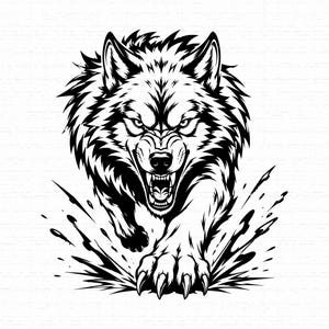 Puede incluir: Una ilustración gráfica en blanco y negro de un lobo gruñendo que carga hacia adelante. El lobo tiene dientes afilados, orejas puntiagudas y pelaje grueso, con salpicaduras dinámicas que irradian de sus patas delanteras al moverse.