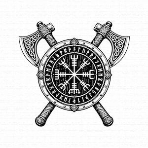 May include: A black and white illustration featuring two crossed axes positioned behind a circular shield. The shield displays a central Vegvisir symbol surrounded by a border of runic characters, while the axe handles feature intricate knotwork.