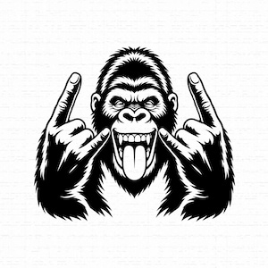 Rock On Gorilla SVG, Design engraçado para camiseta com macaco, PNG para sublimação, Gráfico vetorial de chimpanzé bravo, Arquivos de corte para heavy metal, Download instantâneo