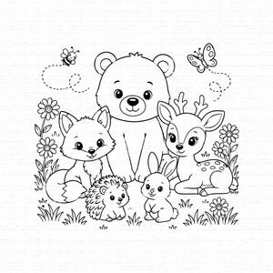 以下が含まれることがあります： 中央にクマ、その周りにキツネ、ハリネズミ、ウサギ、シカが描かれた白黒の塗り絵用イラスト。自然の風景の中に花、草、飛んでいるハチ、蝶が配置されています。