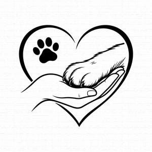 Op de afbeelding: Een zwart-wit lijntekening met een menselijke hand die een dierenpoot wiegt in een hartvorm. Een kleine pootafdruk bevindt zich in de linkerbovenhoek van het hart, wat de band tussen mens en dier symboliseert in een grafische stijl.