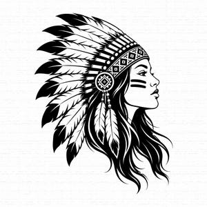 May include: A black and white graphic illustration of a person in profile wearing a large feathered headdress. The person has long flowing hair and two horizontal lines painted on their cheek. The headdress features detailed geometric patterns.