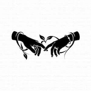 May include: A black silhouette graphic featuring two hands reaching towards each other with fingers almost touching. The wrists are wrapped in swirling vine motifs with leaves, and a small heart shape is formed by the stems between the fingertips.