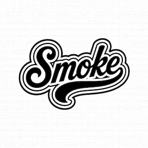 Pode incluir: Um design gráfico em preto e branco apresentando a palavra Smoke em uma fonte cursiva estilizada. O texto é contornado com várias bordas grossas em preto e branco, criando uma aparência ousada e em camadas sobre um fundo branco.