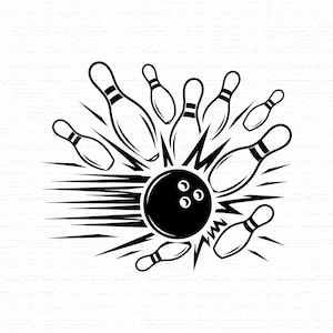 以下が含まれることがあります： ボウリングのボールがピンのグループに当たっている様子を描いた白黒のグラフィックイラスト。ボールは中央にあり、外側に放射状に広がる動きの線が描かれ、ピンは衝撃で様々な方向に散らばっている様子が表現されています。