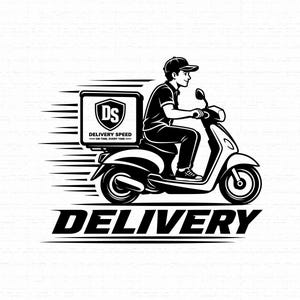 Könnte beinhalten: Eine schwarz-weiße grafische Illustration eines Kuriers mit Kappe auf einem Roller. Die Lieferbox auf der Rückseite zeigt ein Schild-Logo mit den Buchstaben DS und dem Text DELIVERY SPEED ON TIME, EVERY TIME. Darunter steht das Wort DELIVERY.