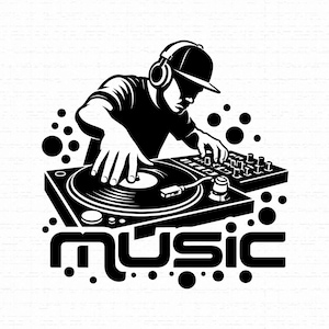 Archivo SVG de DJ mezclando música, PNG de tocadiscos de disc jockey, archivo de corte Cricut de mezclador de ritmos de audio electrónico, arte de camiseta retro para club rave, descarga instantánea