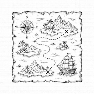 Può includere: Un'illustrazione in bianco e nero a tratto di una mappa del tesoro su pergamena invecchiata. La mappa presenta tre isole con palme e montagne, una rosa dei venti, un veliero e un percorso tratteggiato che porta a due posizioni segnate da X.