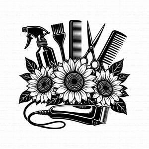 May include: A black and white graphic illustration featuring a collection of hairdressing tools including a spray bottle, a hair dye brush, a comb, scissors, and an electric hair clipper, all arranged behind three large, detailed sunflower blossoms.