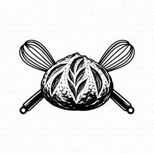 Könnte beinhalten: Eine schwarz-weiße grafische Illustration, die einen runden Laib geschnittenes Sauerteigbrot vor zwei gekreuzten Schneebesen zeigt. Das Brot weist auf der Kruste ein detailliertes, blattartiges Muster in kontrastreichen Linien auf.