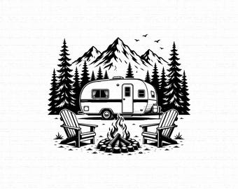 May include: A black and white graphic illustration featuring a vintage travel trailer parked in front of a mountain range and pine forest. In the foreground, two wooden chairs are positioned on either side of a crackling campfire with logs.